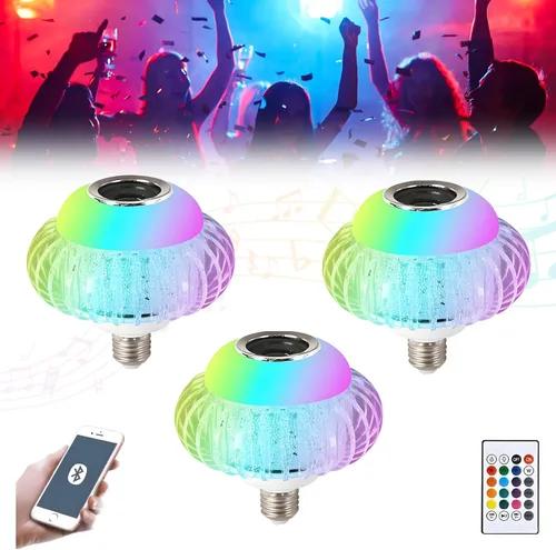 Vista 7 de Bombilla de música RGB Bluetooth, con altavoz Bluetooth integrado, base E27, bombilla inteligente inalámbrica, control remoto, blanco, colores RGB