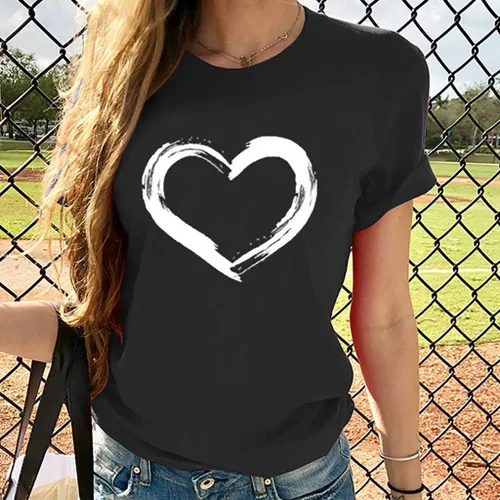 Vista 2 de Camisetas de manga corta con estampado de corazón para mujer, camisetas de ajuste regular, linda y divertida, ropa de regalo 2023