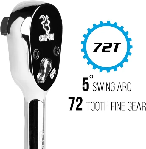 Vista 2 de Capri Tools - Trinquete de perfil bajo de cuadrante de 1/2 pulgada, 72 dientes verdaderos y arco oscilante de 5 grados