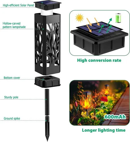 Vista 3 de TomCare Luces de camino con llamas parpadeantes alimentadas por energía solar decorativa para jardín, impermeable, iluminación de paisaje al aire