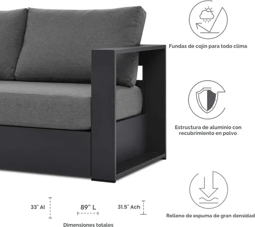 Vista 8 de Modway Tahoe - Sofá de aluminio para patio exterior en gris carbón