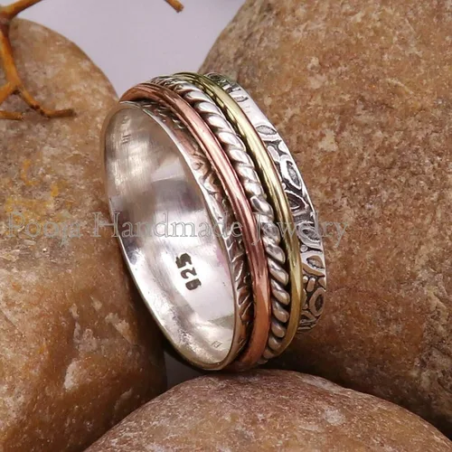 Vista 2 de Anillo giratorio de plata de ley 925, anillo giratorio para mujer, anillo de meditación, anillo de banda ancha, anillo bohemio, anillo para mujer