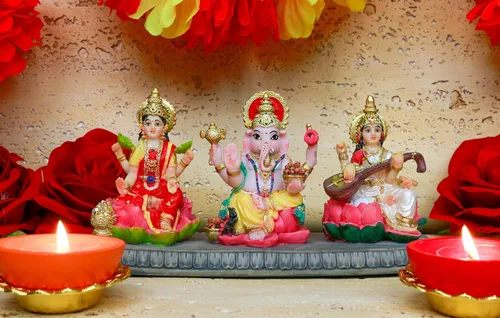 Vista 6 de BangBangDa Estatua hindú de Ganesh Lakshmi Saraswati – 3.9 pulgadas de alto Dios indio Lakshmi Ganesha Saraswati Estatuilla de ídolo hindú Diwali