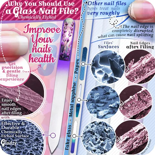 Vista 4 de GLADZY Lima de uñas de cristal checo con estuche, lima de uñas de cristal grabado para uñas naturales, superficie de grano diferente de doble cara