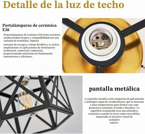 Vista 8 de Lámpara de Techo Moderna de Granja Negra y Dorada, Lámpara de Techo Industrial Semiempotrada, Accesorios de Iluminación Hexagonal para Pasillo