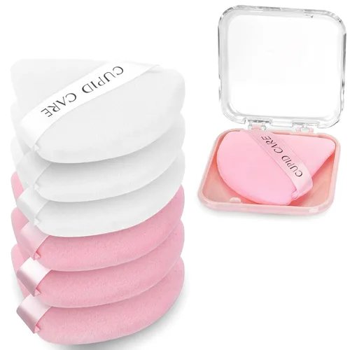 Vista 9 de 6 Piezas Borlas de Polvo Triangulares con 2 Estuches de Viaje, Borlas de Polvo Fijador para Polvo Facial y Base de Maquillaje, Borla de Maquillaje