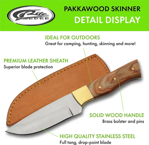 Vista 2 de SZCO Full Tang - Cuchillo de caza de 8 pulgadas, cuchillo de bolsillo marrón con hoja de acero inoxidable, mango de madera de Pakka con refuerzo