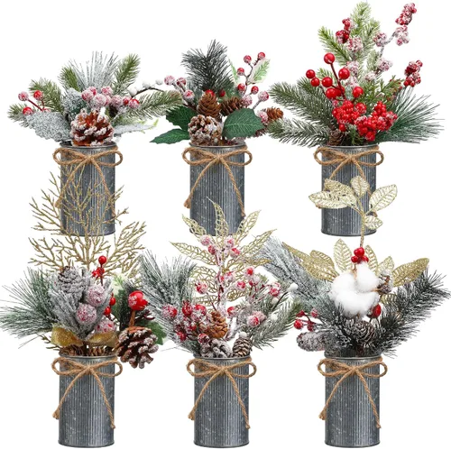 Vista 12 de Tioncy 6 Set Christmas Floral Table Centerpiece Bulk Bark Frosted Woodland Artificial Holly Red Berry Pine Cone Greenery Stems Picks Arrangement