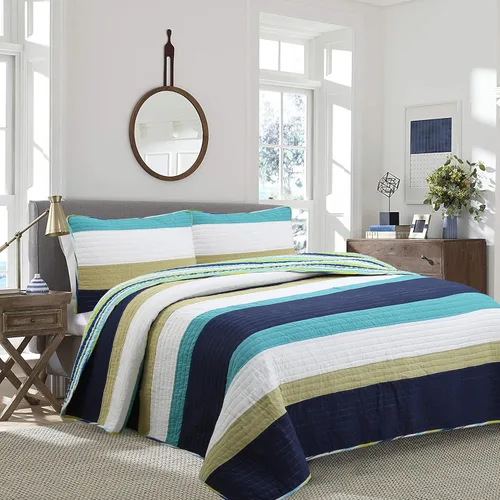 Vista 9 de Cozy Line Home Fashions - Juego de ropa de cama acolchada reversible de 100% algodón, con rayas azul marino y rojo, para niño, colcha, colcha