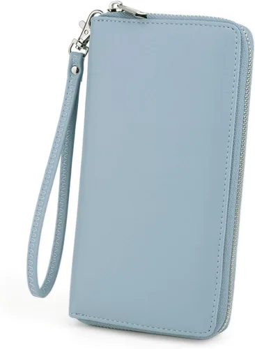 Vista 5 de UTO Cartera de cuero con cremallera alrededor de tarjetero organizador de pasaporte para damas con cartera de viaje con correa de muñeca