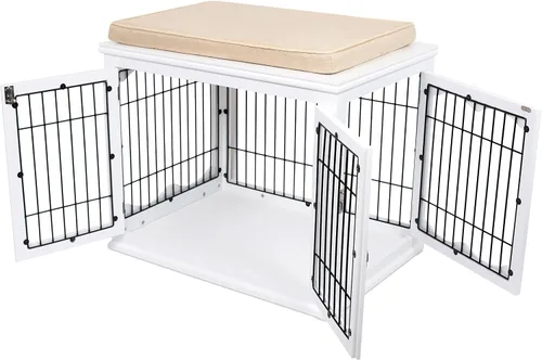 Vista 9 de INTERNET'S BEST Perrera decorativa para perros con cama para mascotas, casa pequeña para mascotas, jaula interior de doble puerta, muebles de madera