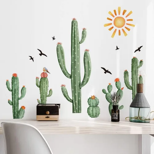 Vista 2 de Calcomanías de Pared de Cactus Boho Calcomanías de Pared de Sol Boho Plantas Tropicales de Cactus Verdes con Pájaros Calcomanías de Pared para Sala