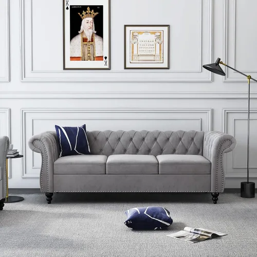 Vista 14 de RARZOE Chesterfield - Silla contemporánea de terciopelo Chesterfield, silla de club de terciopelo, silla Chesterfield con brazos enrollados de Azul