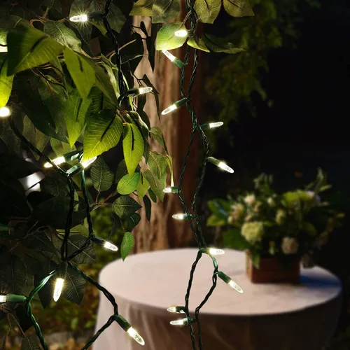 Vista 3 de 70 luces LED de Navidad M5 de color blanco cálido, cable verde de 24 pies para interiores y exteriores, mini cadena de grado comercial, iluminación
