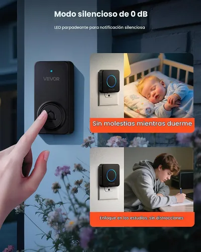 Vista 5 de VEVOR Kit de timbre inalámbrico, IP54 resistente al agua con rangos de hasta 1000 pies, 5 volúmenes ajustables, 48 tonos de llamada, fácil