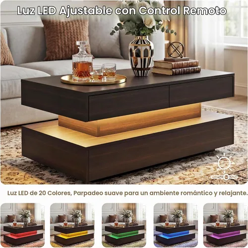 Vista 3 de Mesas de centro LED para sala de estar, mesa de centro moderna con 2 cajones de almacenamiento, mesa central de 2 niveles de madera con luces LED