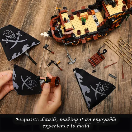 Vista 6 de Mini kit de construcción de barco pirata de 1328 piezas, bloques creativos del Caribe Adventure Kits de construcción, regalo perfecto