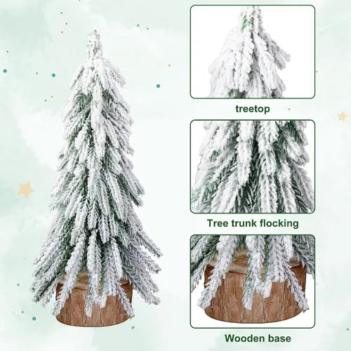 Vista 3 de 3 árboles de Navidad de mesa de nieve, 2 tamaños, mini pinos de mesa con base de madera, árboles de Navidad artificiales de escritorio para Navidad