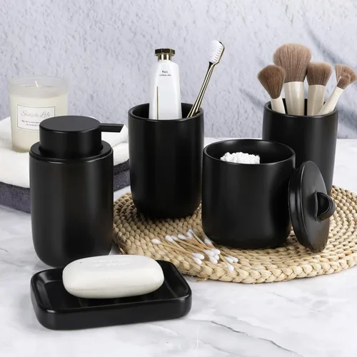Vista 5 de BosilunLife Juego de 4 accesorios de baño de cerámica negra Negro suave