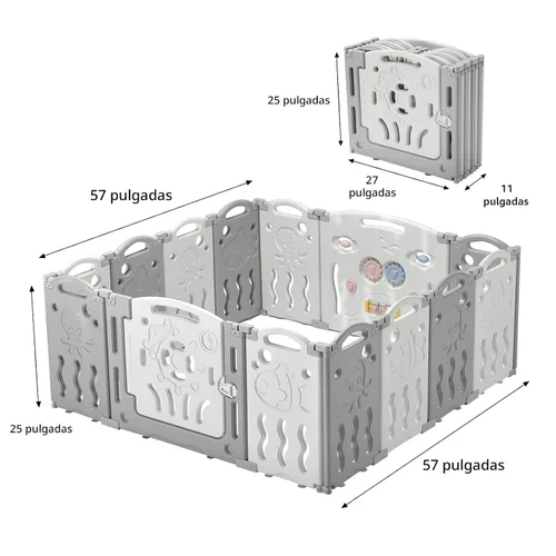 Vista 9 de Albott Corralito para bebés, valla plegable mejorada de 14 paneles con panel de juego y puerta de seguridad, forma ajustable, patios de juegos Gris