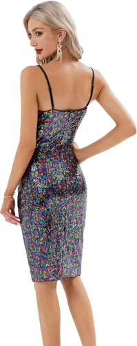 Vista 4 de GRACE KARIN Vestido sexy de lentejuelas con purpurina y cuello redondo para mujer, con tirantes delgados, entallado, vestido de fiesta para discoteca