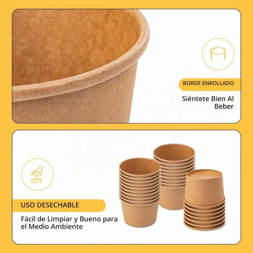 Vista 5 de PakTalk Recipientes de papel para sopa con tapas, paquete de 50 cuencos de sopa marrones, tazas biodegradables para helado con tapas para sopa