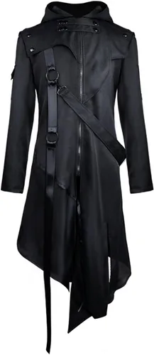 Vista 2 de Homisy Disfraces de Halloween para hombres, chaqueta gótica retro de vapor punk, capa de manga larga con capucha y botón de metal, gabardina larga