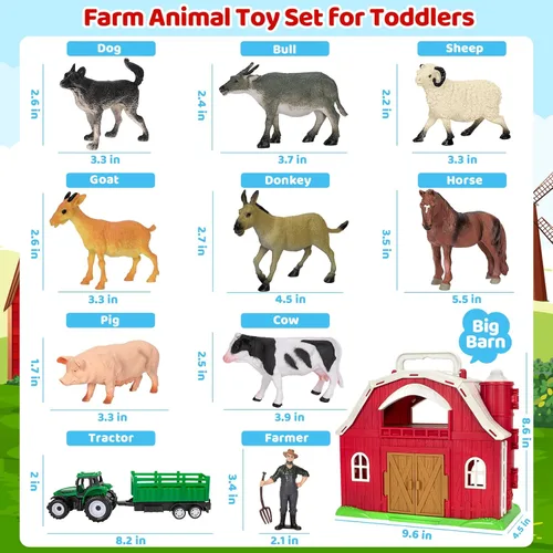 Vista 2 de Juguetes de animales de granja para niños de 1, 2, 3, 4 y 5 años, juego de granja grande de granero rojo con figuras de animales y juguete
