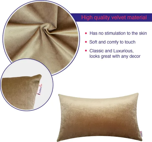 Vista 2 de Fundas de almohada decorativas lumbares, de terciopelo suave y liso, rectangular, color marrón champán, 12 x 20 pulgadas, paquete de 2, solo funda