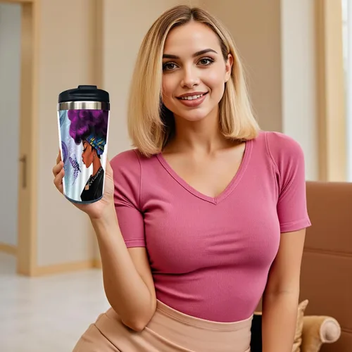 Vista 6 de Taza de café de viaje de 13 onzas para mujeres afroamericanas, taza de acero inoxidable con tapa, taza de viaje aislada al vacío de doble pared