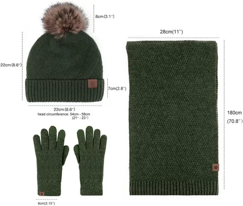 Vista 38 de Bufanda de punto de lana, gorro de esquí, guantes táctiles para invierno, para mujer y hombre