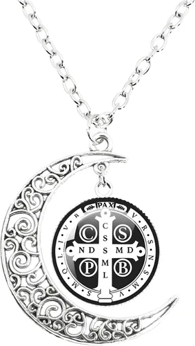 Vista 3 de Collar de plata de ley 925 de San Benito Medallón luminoso de San Benito Collar de Luna Católica Colgante San Benito Joyería medalla de san benito