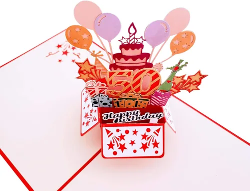 Vista 4 de iGifts And Cards Tarjeta de felicitación emergente 3D con caja de fiesta de cumpleaños número 50 color rojo – Cincuenta, impresionante, globos