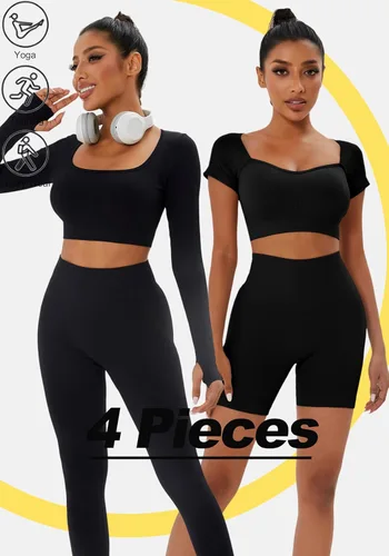 Vista 4 de FINETOO Conjunto de 4 piezas de entrenamiento para mujer, acanalado, sin costuras, manga larga, camiseta deportiva, sin mangas, cintura alta