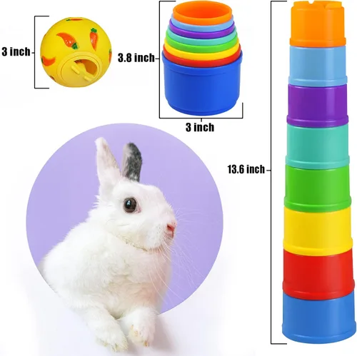 Vista 2 de Paquete de 9 tazas apilables de conejo y bolas de golosinas de conejo, con tazas apilables de plástico multicolor, juguetes de conejo