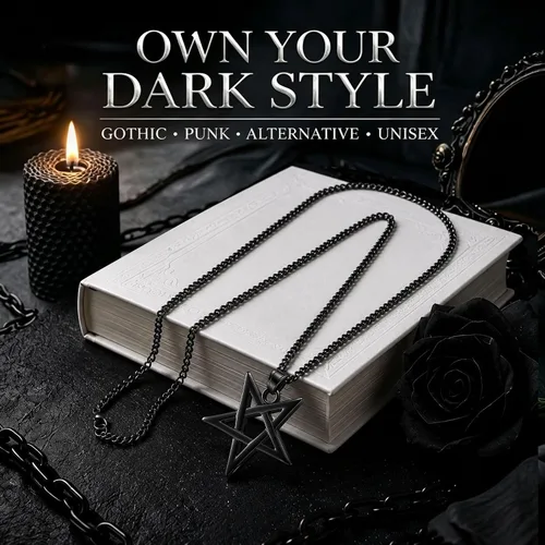 Vista 4 de TempBeau Collar con colgante de pentagrama satánico Baphomet, joyería Negro