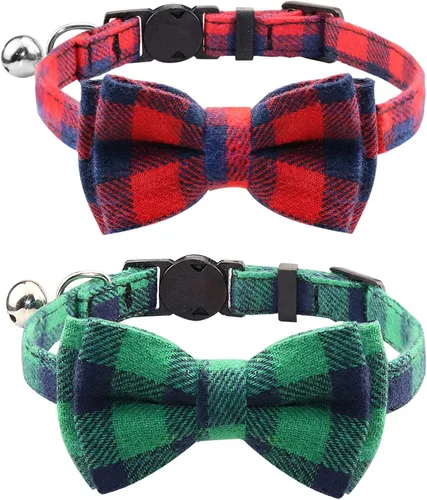 Vista 21 de Collar Joytale con corbatín y campana, lindos patrones de cuadros, 1 o 2 unidades de collares de seguridad para gato, Negro