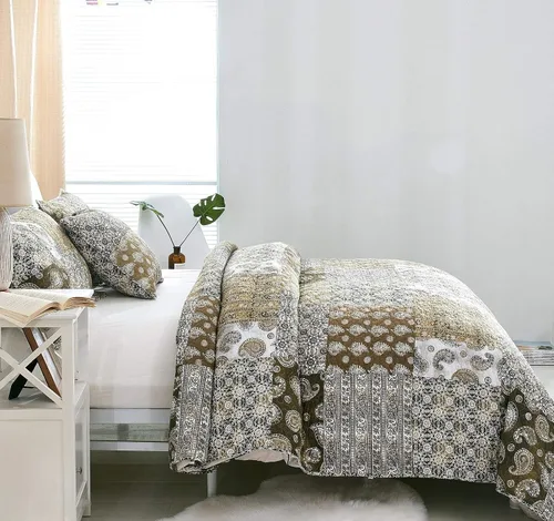 Vista 7 de DaDa Bedding - Colcha de algodón bohemio con retazos florales, diseño de filigrana marroquí, cachemira, verde oliva, marrón, reversible, multicolor