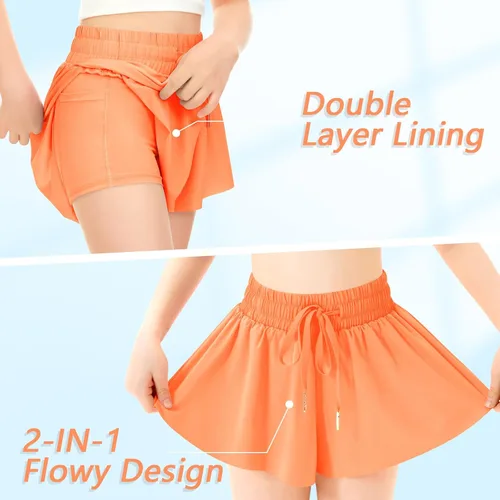 Vista 3 de Pantalones cortos deportivos de mariposa para niñas, pantalones cortos fluidos con bolsillo 2 en 1, pantalones cortos para correr, entrenamiento