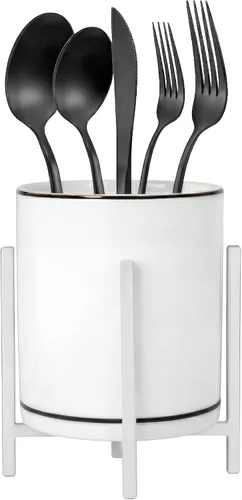 Vista 12 de Organizador de cerámica para cubiertos, soporte redondo para utensilios, soporte para utensilios de cocina para encimera, taza de cerámica con borde