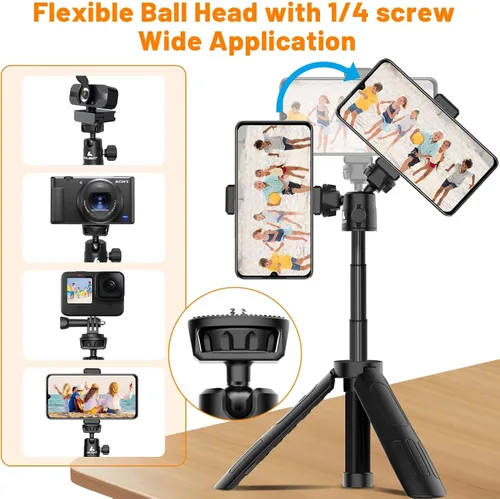 Vista 4 de Ailight Mini trípode de 11.2 pulgadas para iPhone, selfie stick con control remoto inalámbrico, portátil extensible, clip de teléfono mejorado