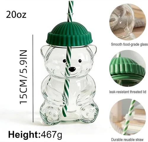 Vista 3 de Vaso con popote de vidrio con diseño de oso – Lindo vaso de vidrio reutilizable para batidos, café helado, cócteles de café helado (2, verde)