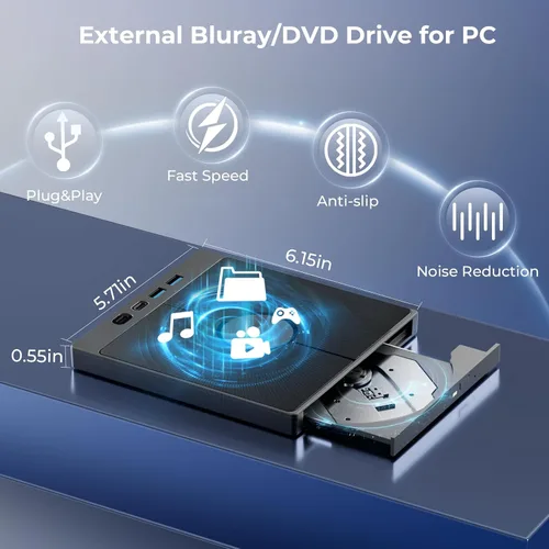 Vista 4 de Unidad Blu-ray externa 7 en 1, compatible con quemador Bluray externo de 100 G, Blueray/DVD externa para PC con puertos de tarjeta USB