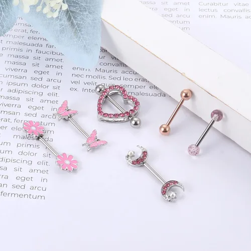 Vista 5 de Kakonia Juego de 6 pares de anillos de pezón de 14 G para mujer acero inoxidable 316L corazón mariposa luna circonita cúbica flor pezones joyería