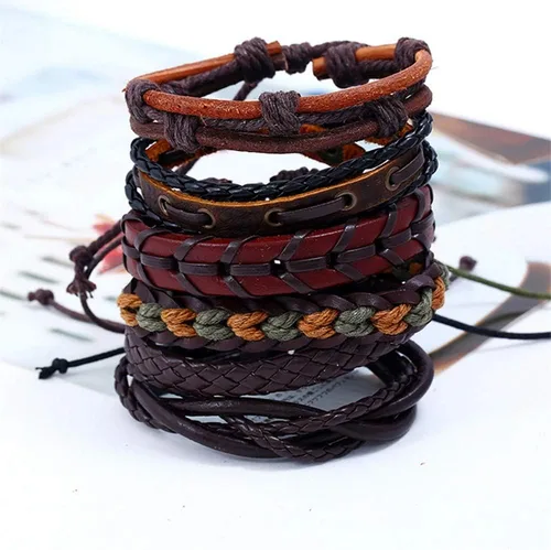 Vista 4 de Juego de joyas de oro rosa, pulsera de cuero, joyería tejida a mano, pulseras trenzadas de múltiples capas (negro, talla única)