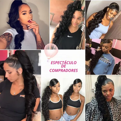 Vista 3 de KRSI Extensión de cola de caballo larga y ondulada con cordón, 28 pulgadas, 1B#, para mujeres, clip de cabello negro, cabello sintético, extensión