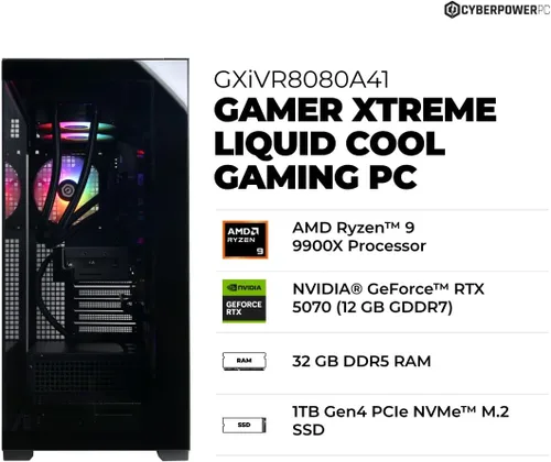 Vista 2 de CyberPowerPC PC para juegos, AMD Ryzen 9 9900X, GeForce RTX 5070 12GB