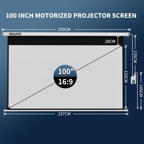Vista 2 de WASJOYE Pantalla de proyector motorizada de 100 pulgadas a 16:9, pantalla de proyector eléctrico para montaje en pared/techo con control remoto