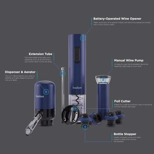 Vista 2 de Ivation Juego de regalo de vino todo en uno – Incluye abridor eléctrico de botellas, dispensador aireador, bomba preservadora, 2 tapones de corcho