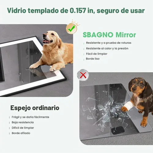 Vista 6 de SBAGNO - Espejo de baño LED de 40 x 28 pulgadas con marco negro, altavoz